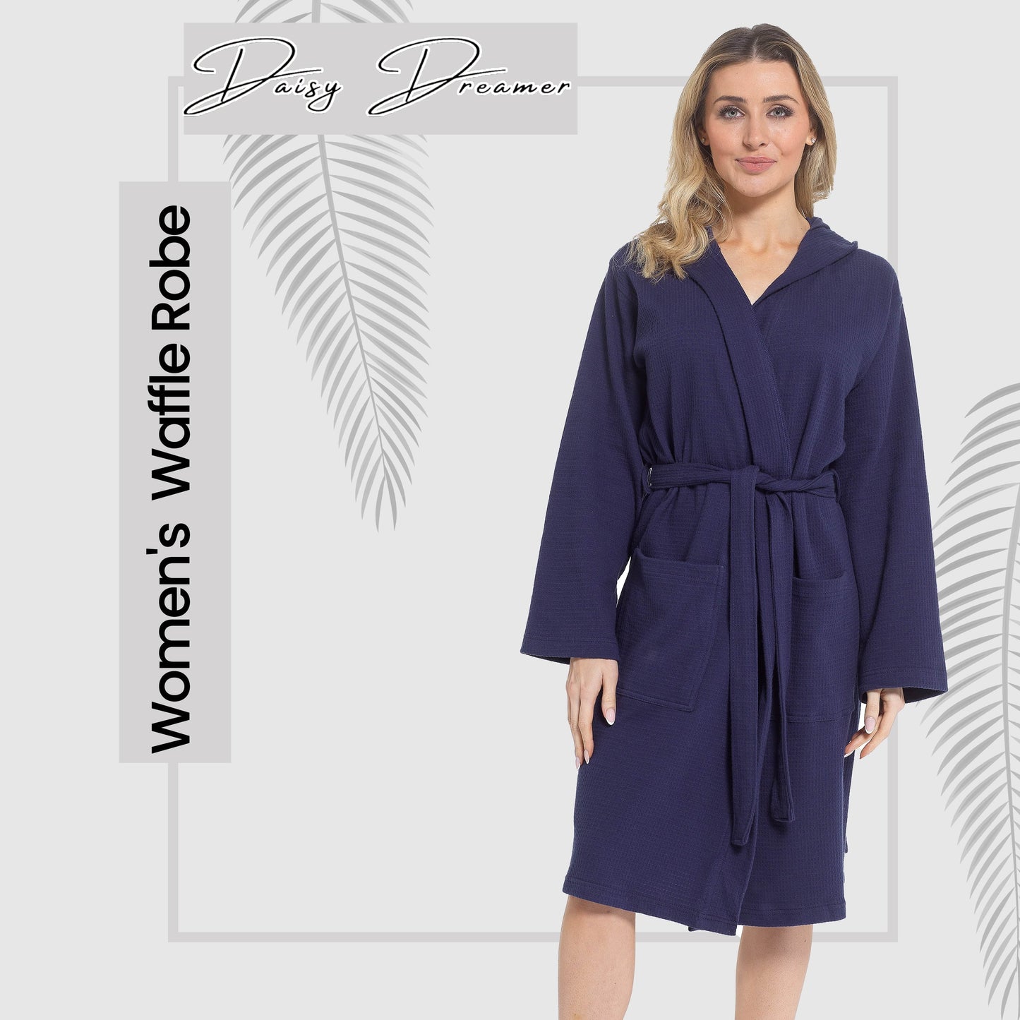 Peignoir de bain à capuche gaufré en coton pour femme, bleu marine, super absorbant, pour la maison, la détente et les voyages, par Daisy Dreamer