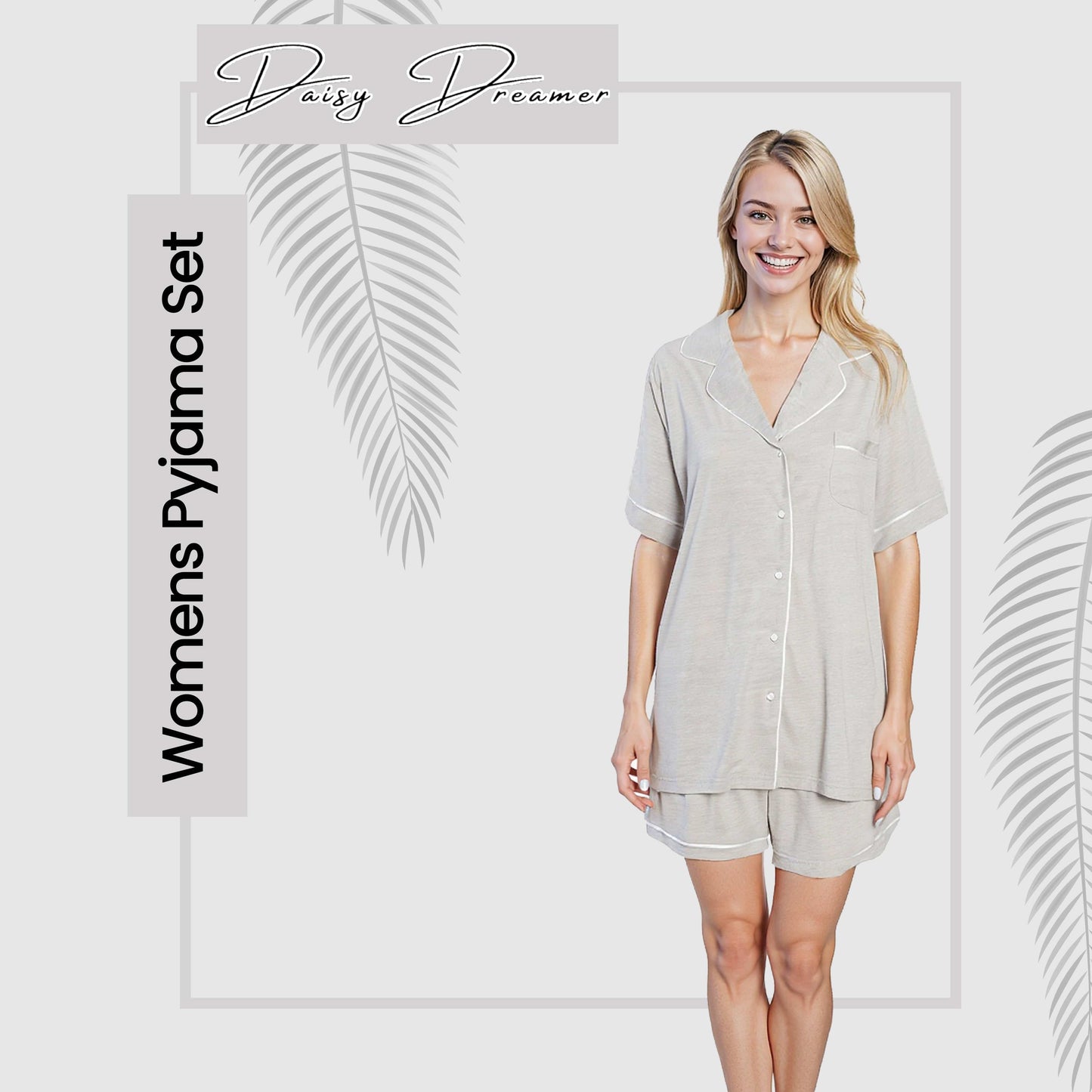 Ensemble de Pyjama Court Gris pour Femme Daisy Dreamer – Nuisette Super Douce – Haut Boutonné et Short à Poches