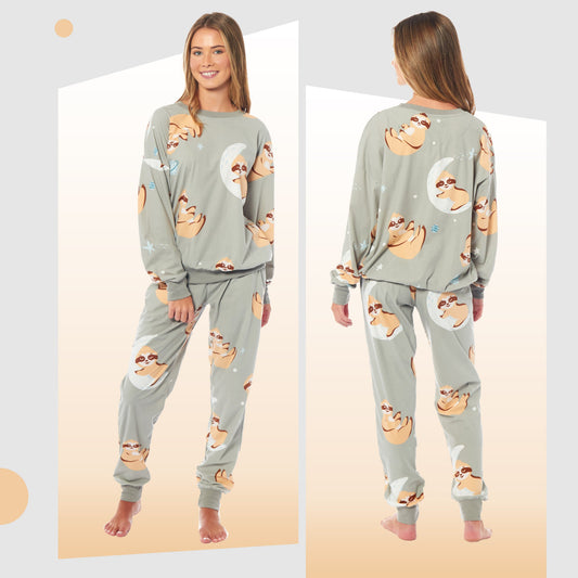 Ensemble de pyjama en polaire doux pour femmes, motif paresseux, manches longues, imprimé animal, chaud, pour femme, par Daisy Dreamer