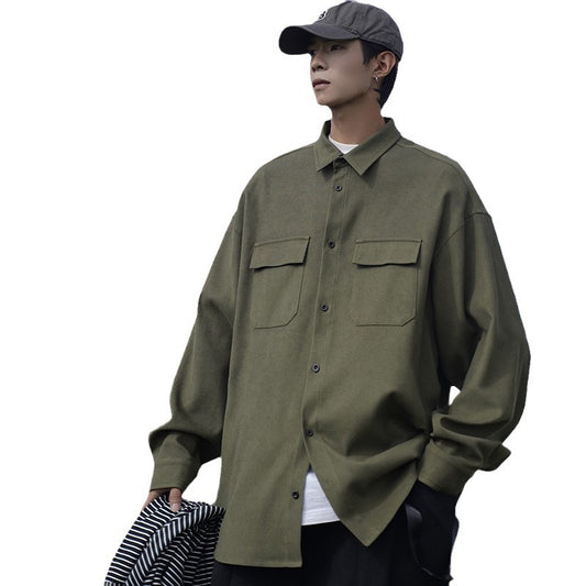 Loose-fitting Trendy Army-green Coat Long-sleeve Shirt