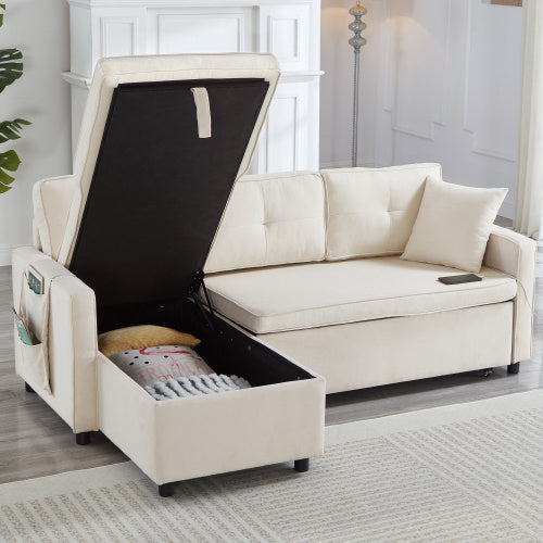 L-Shaped Pull Out Sleep Sofabed, Modern Reversible Sleeper Sectional Sofa, 3 In 1 Convertible Sofa Bed With Storage Chaise, Drop-Down Table, Cup Holders And Charging Ports