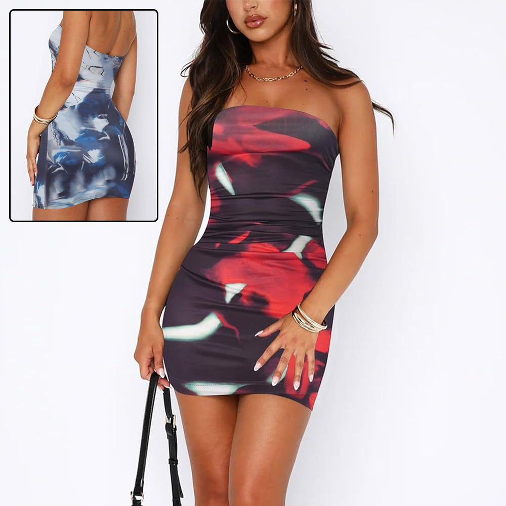 Robe courte plissée sans bretelles imprimée à enfiler et à enrouler sur les hanches