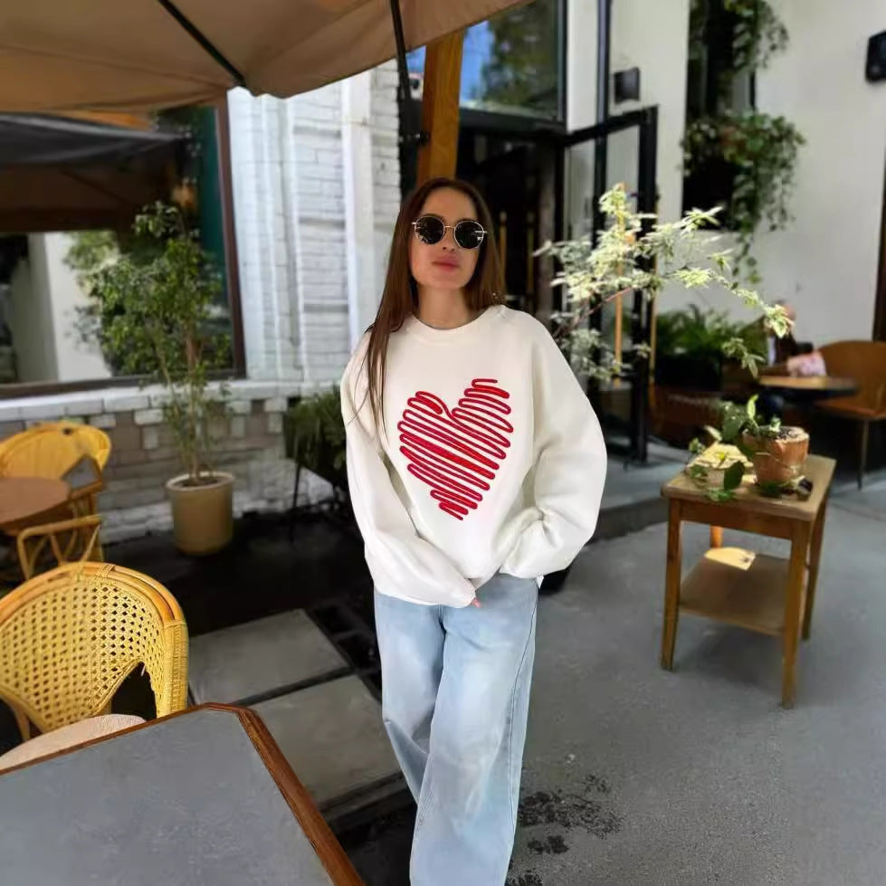 Pull col rond blanc à manches longues pour femme, style niche