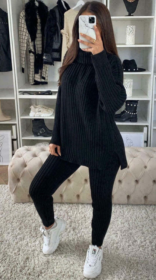 Knitted Ribbed Polo High Neck Loungewear