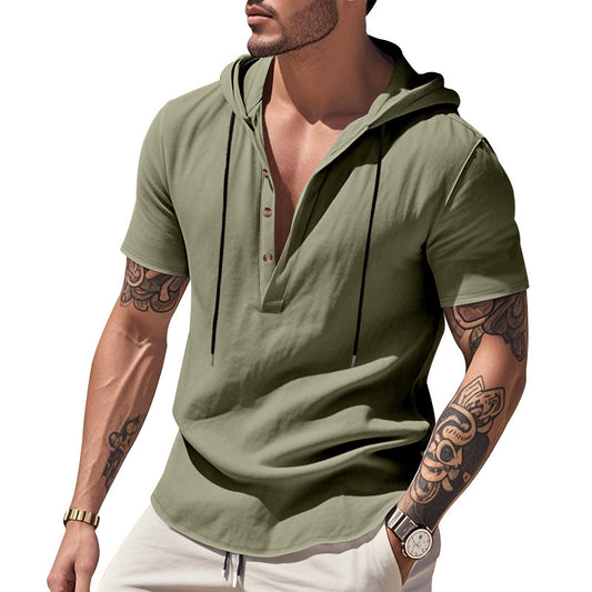 Chemise Henley à Capuche en Lin Homme - Manches Courtes Respirante
