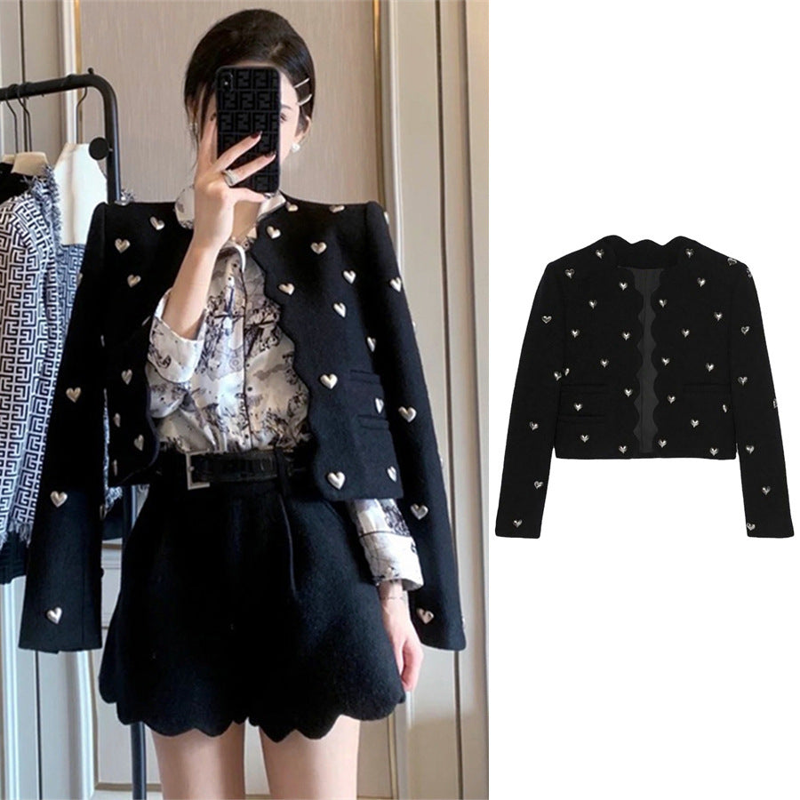 Manteau court en tweed de laine noir "Cœur d'Amour" style industrie lourde