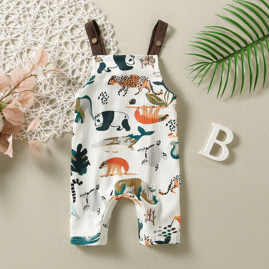 Baby Cotton Sunken Stripe Printed Animal Sling Jumpsuit