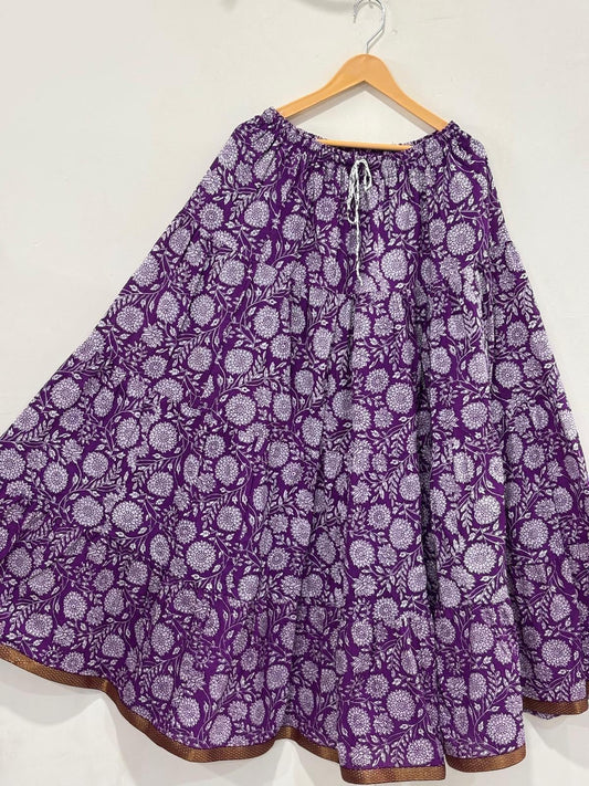 Blackfever Purple Floral Tiered Cotton Maxi Skirt with Gold Border- Free Size