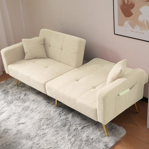 The Sofa Bed Has A Bed Function, Three Adjustable Backrest Angles, Gold Legs, Cushions And Side Storage Pockets.