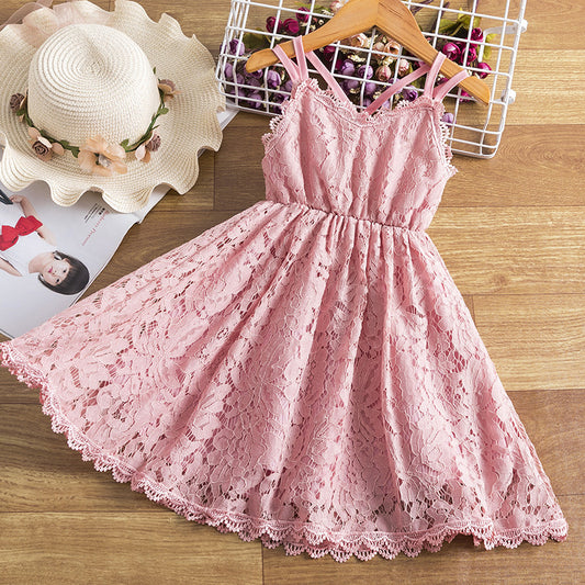 Children's Embroidered Skirt Lace Dress With Suspenders