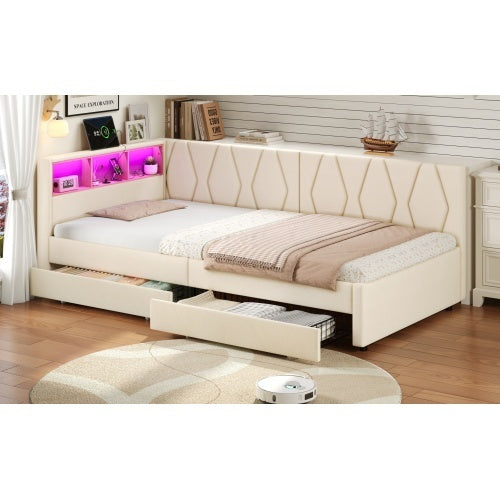 3ft Single Daybed With Two Storage Drawers, LED Modern Bed Frame With Charging Station, Linen Sofa Bed For Living Room Bedroom Study Room, 90X190cm, Easy Assembly, Beige