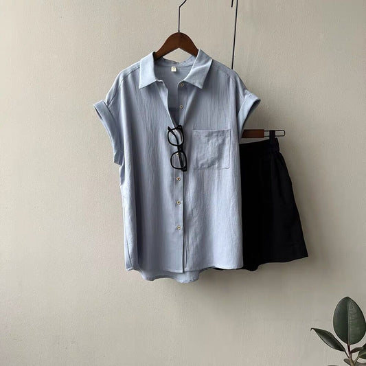 Rolled-sleeve Short-sleeve Shirt Womens Summer-style French Top