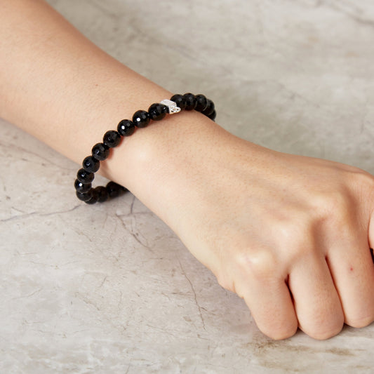 Faceted Black Onyx Gemstone Charm Stretch Bracelet