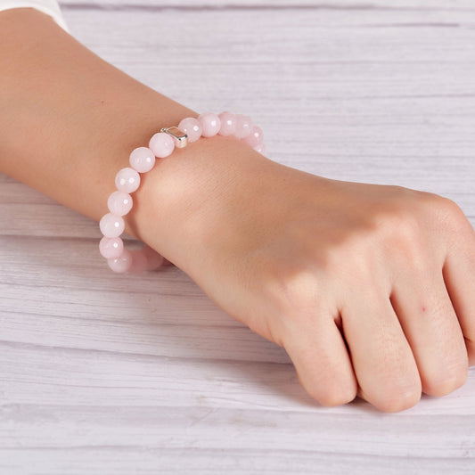 Faceted Rose Quartz Gemstone Stretch Bracelet with Charm Created with Zircondia® Crystals