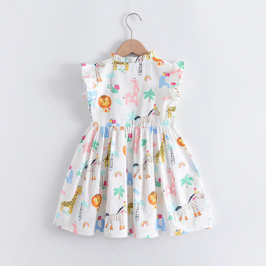 Childrens Flying Sleeve Cartoon Print Dress