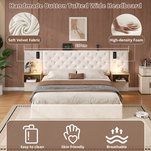 King Upholstered Bed With Charging Station, Velvet Hydraulic Storage Bed With Reading Light, 5ft King Bed Frame With Handmade Button Tufted Wide Headboard And Bedside Storage, Beige