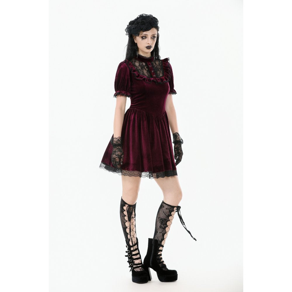 Robe Gothique en Velours Bordeaux à Col en Dentelle Ophelia Dark in Love