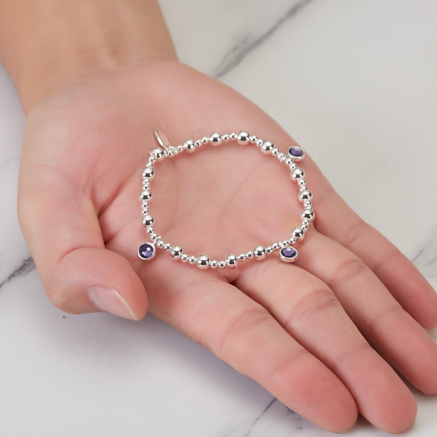 February (Amethyst) Birthstone Stretch Charm Bracelet with Quote Gift Box