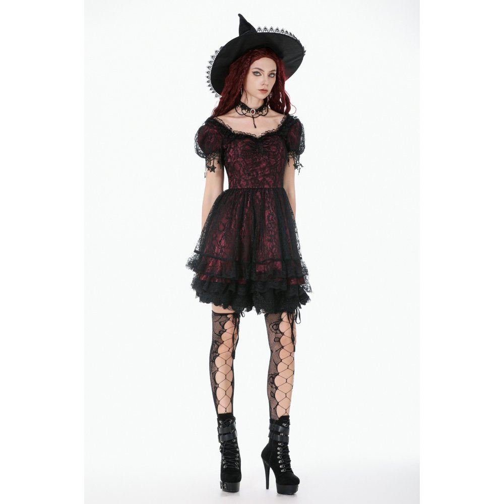 Dark in Love Red Black Lace Princess Dress with Stars Lace
