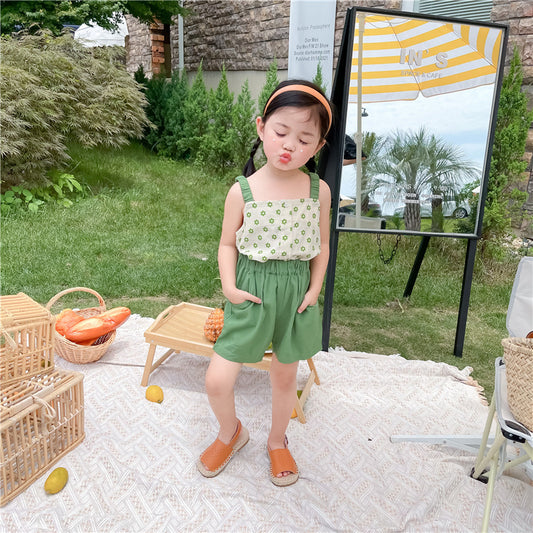 Girl Green Flower Camisole Top And Shorts Two-piece Suit