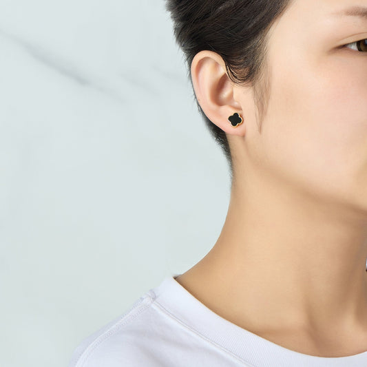 Gold Plated Black Onyx Gemstone Clover Earrings