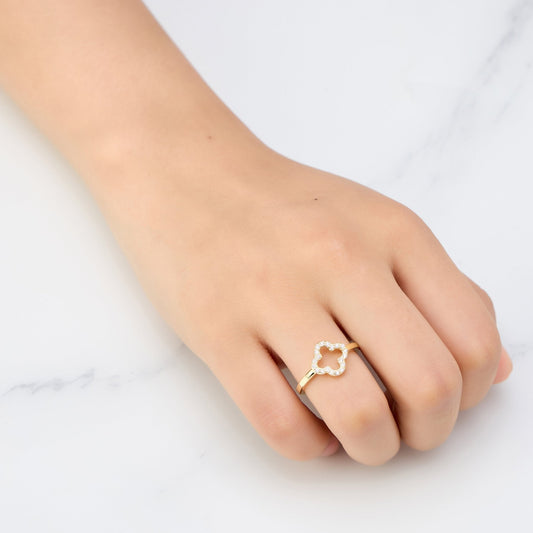 Gold Plated Clover Ring Created with Zircondia® Crystals
