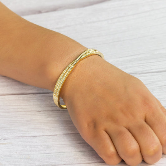 Gold Plated Crossover Bangle Created with Zircondia® Crystals (7 Inch)