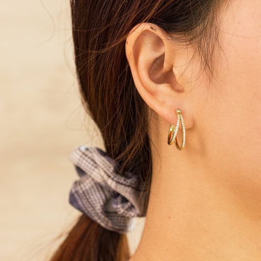 Gold Plated Double Hoop Earrings Created with Zircondia® Crystals