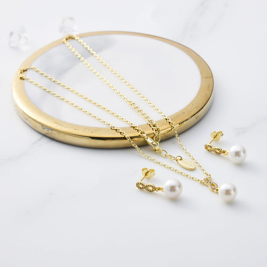 Gold Plated Infinity Pearl Drop Set Created with Zircondia® Crystals