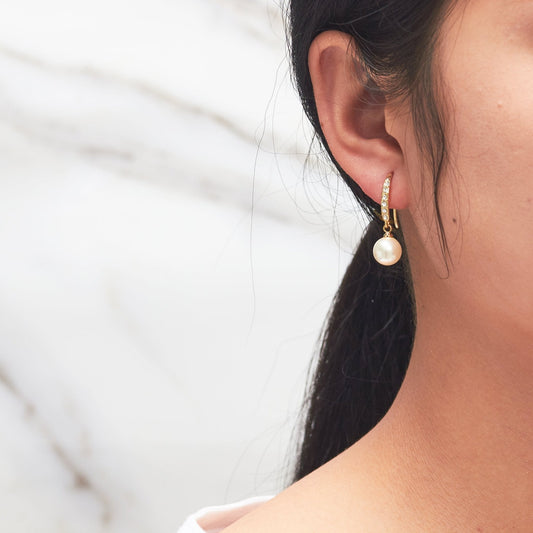 Gold Plated Pearl Drop Earrings Created with Zircondia® Crystals