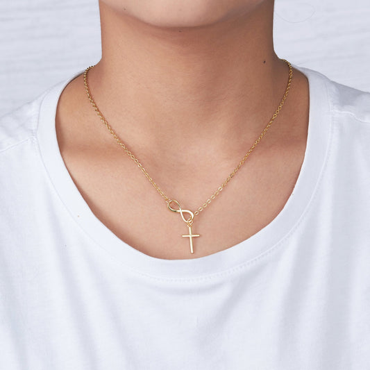 Gold Plated Infinity with Cross Lariat Necklace