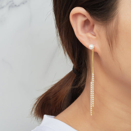 Gold Plated Pearl Dangle Earrings Created with Zircondia® Crystals