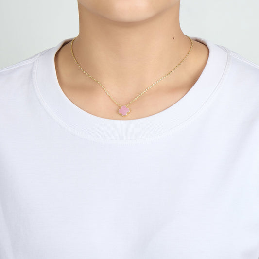 Gold Plated Pink Mother of Pearl Gemstone Clover Necklace