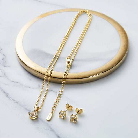 Gold Plated Round Solitaire Set Created with Zircondia® Crystals