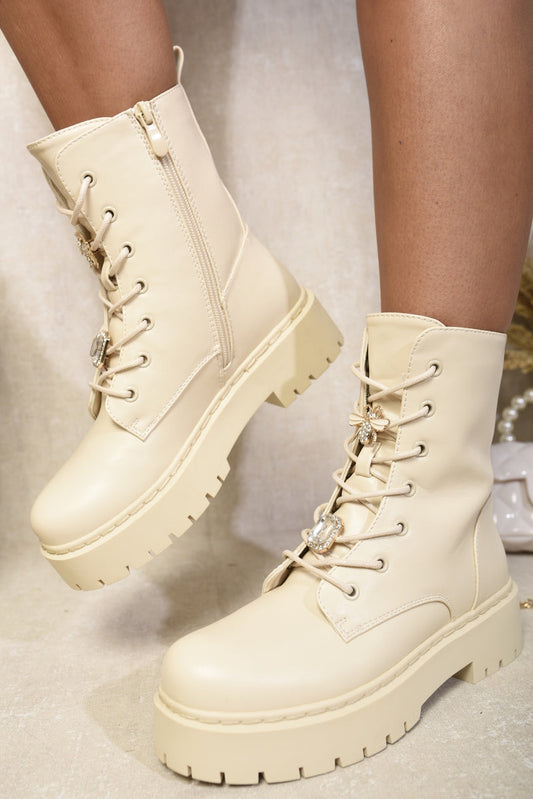 Bottes biker épaisses à lacets et fermeture éclair avec détails décoratifs