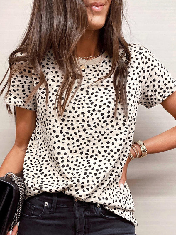 T-shirt décontracté ample à manches courtes et col rond imprimé léopard pour femme
