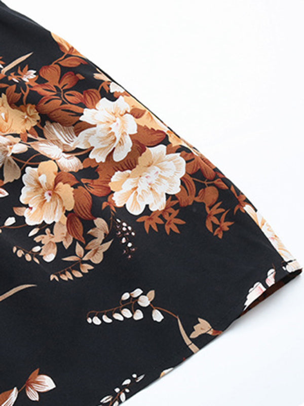 Robe d'automne imprimée avec ceinture et volants pour femme