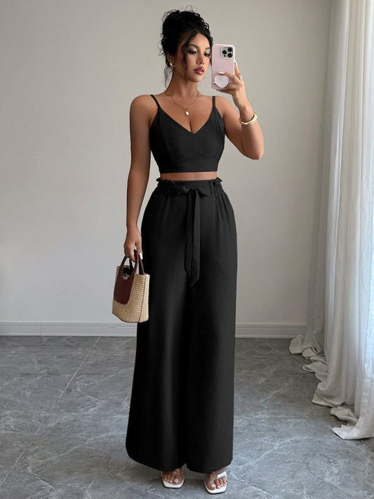 Black suspender vest wide-leg pants two-piece set