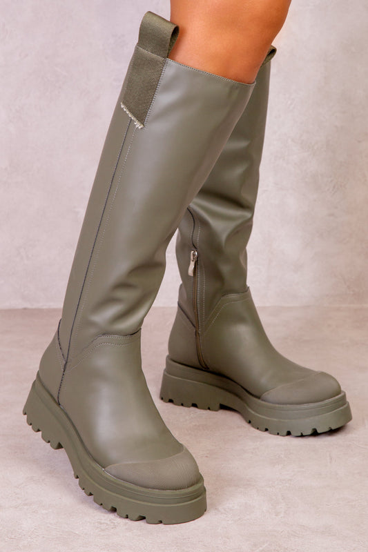 RACHEL CHUNKY PLATFORM CALF BOOTS IN KHAKI FAUX LEATHER