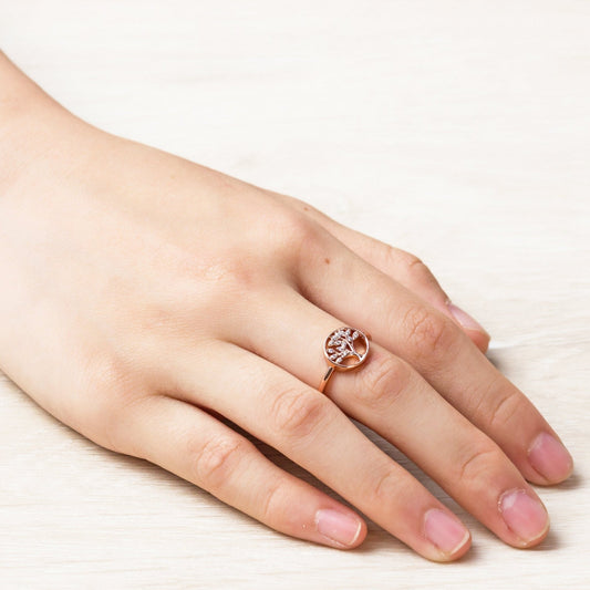 Rose Gold Plated Adjustable Tree of Life Ring Created with Zircondia® Crystals