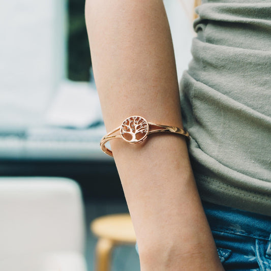 Rose Gold Plated Tree of Life Bangle Created with Zircondia® Crystals (7 Inch)