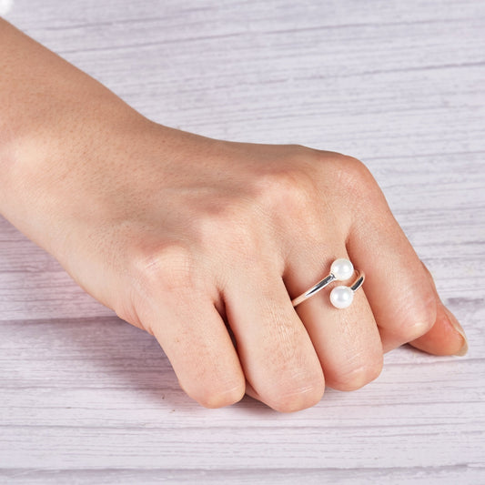 Silver Plated Adjustable Double Pearl Ring