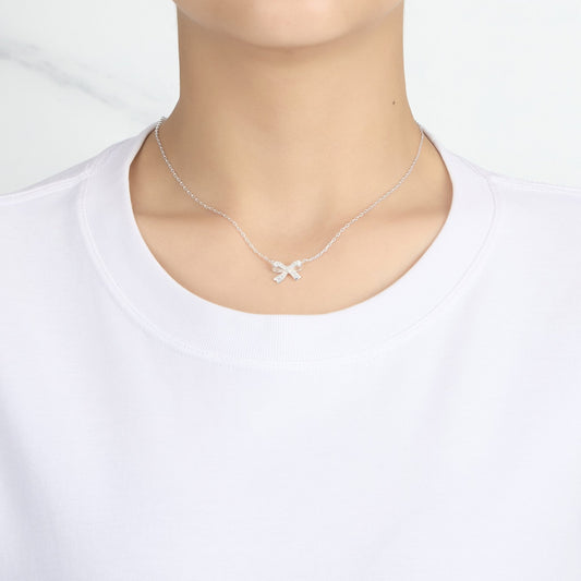 Silver Plated Bow Necklace Created with Zircondia® Crystals