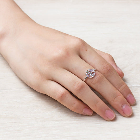 Silver Plated Chakra Tree of Life Ring Created with Zircondia® Crystals