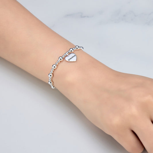 Silver Plated Grandma Heart Charm Beaded Stretch Bracelet