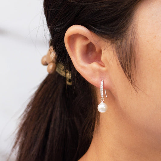 Silver Plated Pearl Drop Earrings Created with Zircondia® Crystals