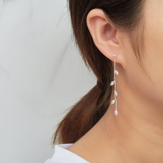 Silver Plated Leaf Dangle Earrings Created with Zircondia® Crystals