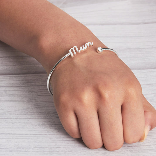 Silver Plated Mum Cuff Bangle Created with Zircondia® Crystals