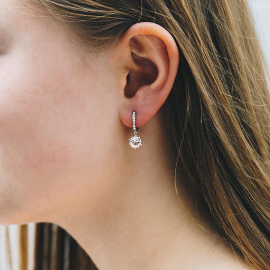 Silver Plated Solitaire Drop Hoop Earrings Created with Zircondia® Crystals