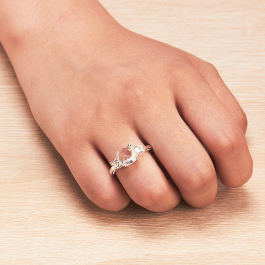 Silver Plated Three Stone Ring Created with Zircondia® Crystals